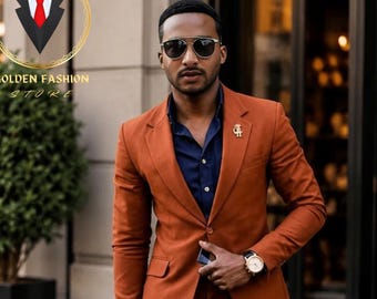 Rust Orange 2 Piece Suit, Men's Wedding Groomsmens Bespoke Tailored Suit