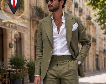 Traje de dos piezas de lino verde oliva, corte entallado, estilo moderno.