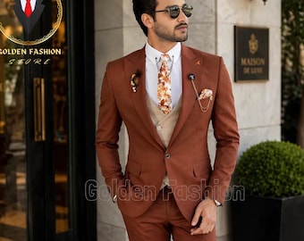 Rost dreiteiliger Anzug Männer, Terrakotta Hochzeit Abschlussball Bräutigam Groomsmen Wear