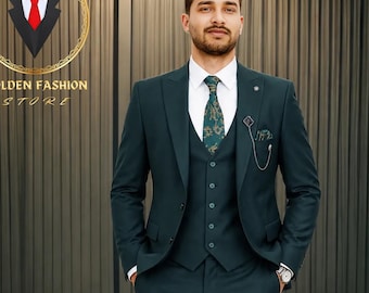 Green 3 Piece Suit, Wedding Party Wear, Groom Groomsmen Formal Attire