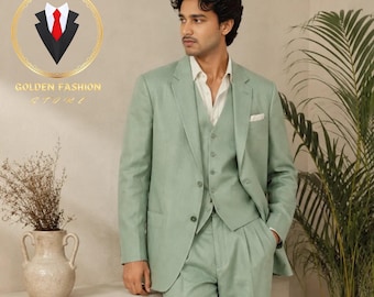 Terno de linho verde sálvia de 3 peças – Corte elegante e sob medida, ideal para baile de formatura, padrinhos e estilo anos 90.