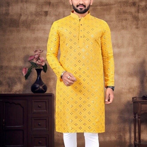 Men's casual, yellow color kurta pajama, wedding dress, party wear, Gromsmen, groom wear, haldi mehndi, photography suit, Ethnic wear dress,