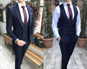 Men's premium suits, Navy Blue 3 piece suit, wedding suit, Groomsmen suit, terracotta, Elegant suit, Tuxedo suit, trendy holiday suit,