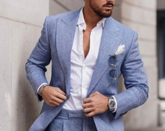 Premium Linen suit, sky blue 2 piece suit, Groomsmen suit, Men custom suit, African wedding suit, elegant Terracotta, traditional suit