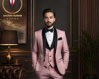 May include: A three-piece pink suit with black lapels, a black bow tie, and a black pocket square. The suit is worn with a white dress shirt. The image also includes a framed logo that says "GOLDEN FASHION STORE".