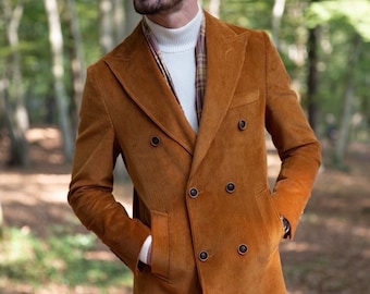 Twink Brown Slim Fit Zweireiher langer Mantel, traditionelle Jacke. Cordstoff