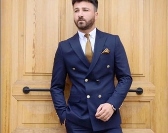 Blue premium suit/Double Breasted suit, wedding clothes, party wear suit, prom bespoke suit, groom suit, prom suit, Groomsmen suit, Elegant