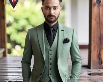 Abito da sposo da uomo a tre pezzi color verde salvia, elegante completo da cerimonia.