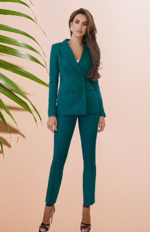 Suits for Women Dark Green Suit Double Breasted Coat Pant for