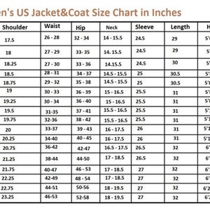 May include: A size chart for men's jackets and coats, displaying measurements in inches. The chart includes sizes from 34R to 56R, with corresponding chest, shoulder, waist, hip, neck, sleeve, length, and height measurements.