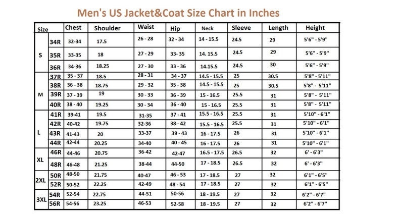 May include: A size chart for men's jackets and coats, displaying measurements in inches. The chart includes sizes from 34R to 56R, with corresponding chest, shoulder, waist, hip, neck, sleeve, length, and height measurements.