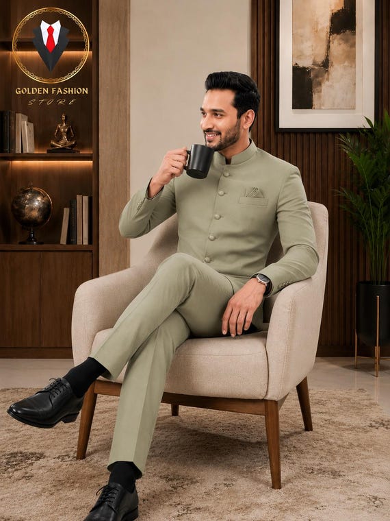 Jodhpuri Sage Green Two Piece Suit, Men's Wedding Groom Wear, Custom Tailored Party Suit