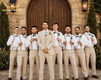 Men's Beige Linen 3-Piece Suit, Elegant Wedding Party Wear, Bespoke Tailoring