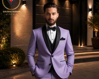 Purple Tuxedo 3 Piece Suit, Elegant Wedding Party Wear for Groom
