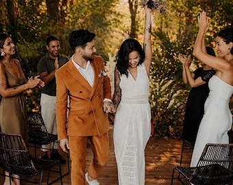 Men's Rust Velvet Double Breasted Suit, Bespoke Wedding Groom Party Wear