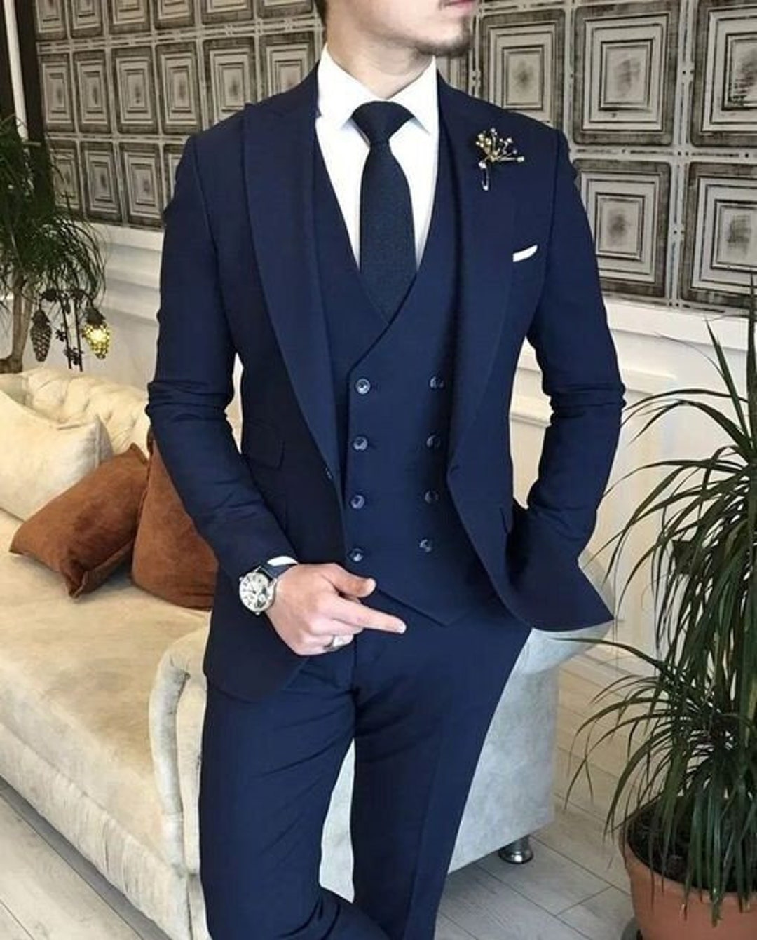 Navy Blue 3 Piece Suit, Italian Cut Suit, Premium Wedding Suit, Bespoke