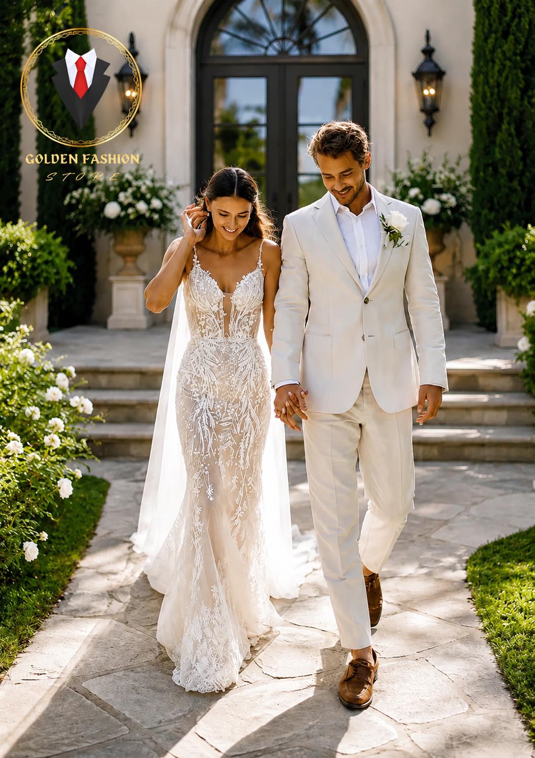 Champagne Ivory Groom Suit, Tailored Fit, Fabric, Timeless Elegance