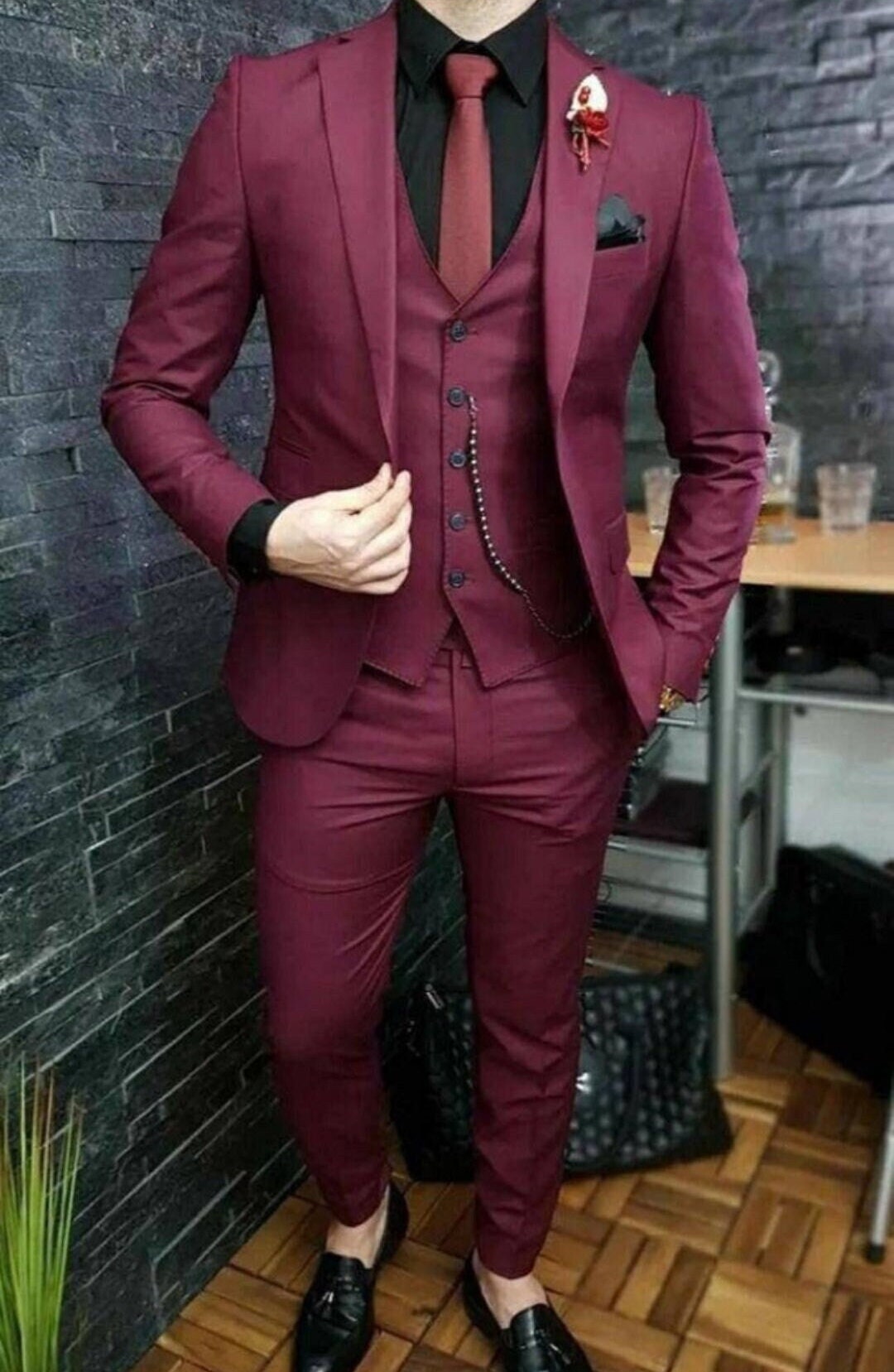 Custom Made Wine Red Slim Fit Wedding Mens Suit Prom Suits 3Pieces(Jacket+Pant+Vest)  Groom Tuxedos Men Suit - AliExpress