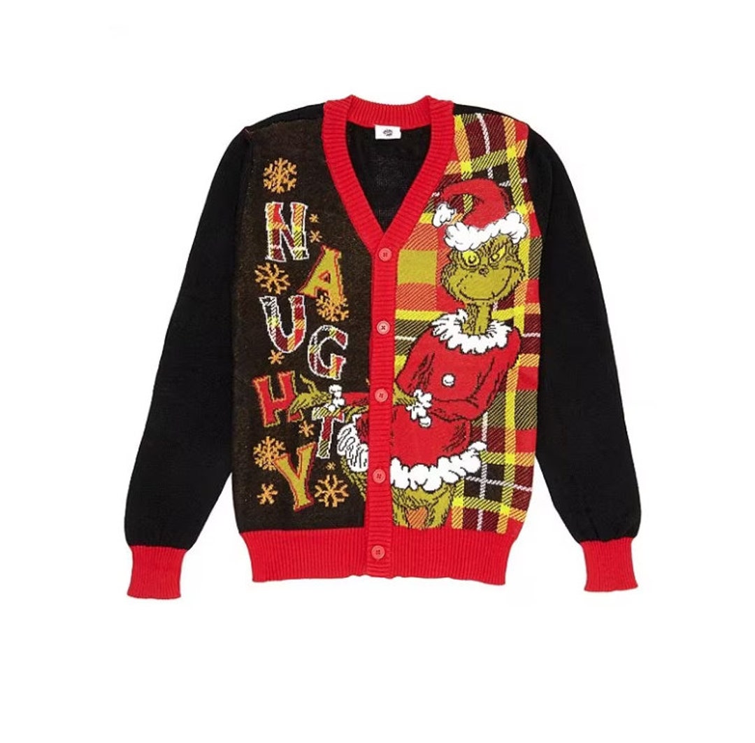 Long Sleeve Naughty Grinch Ugly Christmas Cardigan Sweater Etsy