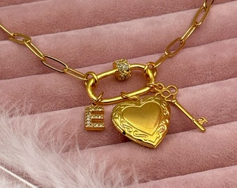 Gepersonaliseerde charme ketting, hart charme ketting, sleutel charme, eerste ketting, gepersonaliseerde sieraden voor vrouwen, cadeau voor moeder