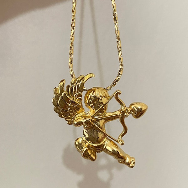 Gold Vintage Angel Wings Necklace,Cupid Angel Charm,Arrow Shooting Angel Necklace,Guardian Angel Pendant,Cherub Necklace,Gift for Her