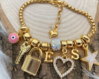Initial Bracelet,Charm Bracelet,Gold Custom Bracelet,Handmade Jewelry,Love Bracelet,Charm Jewelry,Gift for Women,Personalized Jewelry