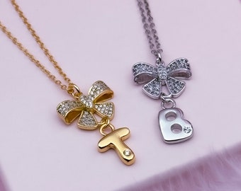 Custom Initial Bow Necklace,Dainty Bow Necklace,Letter Necklace,Ribbon Necklace,Personalized Jewelry,Bow Charm Necklace,Gift for Her