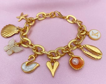 Bracelet à breloques plaqué or, grosse chaîne à breloques bracelet pour femme, bijoux à breloques personnalisés, bracelet d'anniversaire, cadeau pour elle, cadeau de Noël