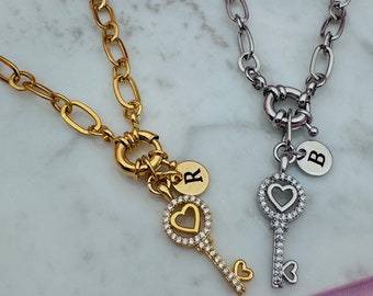 Collar de encanto personalizado, cadena de clip con collar de llave, collar de letra inicial, cadena gruesa, chapado en oro o plata, regalo personalizado