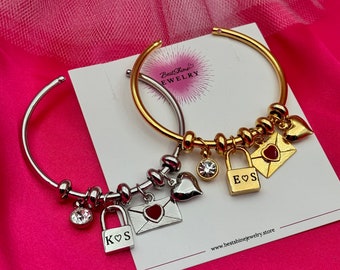 Pulsera inicial personalizada, pulsera con dije de corazón, pulsera con candado, dije de sobre, regalo personalizado, joyería con dijes, pulsera Bff