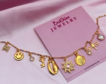 CHARME Halskette, Gold Sun Charm Halskette, Benutzerdefinierte Halskette, Rosa Zirkon Stein Charm Halskette, personalisierter Schmuck, Geburtstagsgeschenke