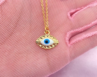 Evil Eye Necklace,Protection Necklace,Enameled Evil Eye Pendant,Gold Plated Brass