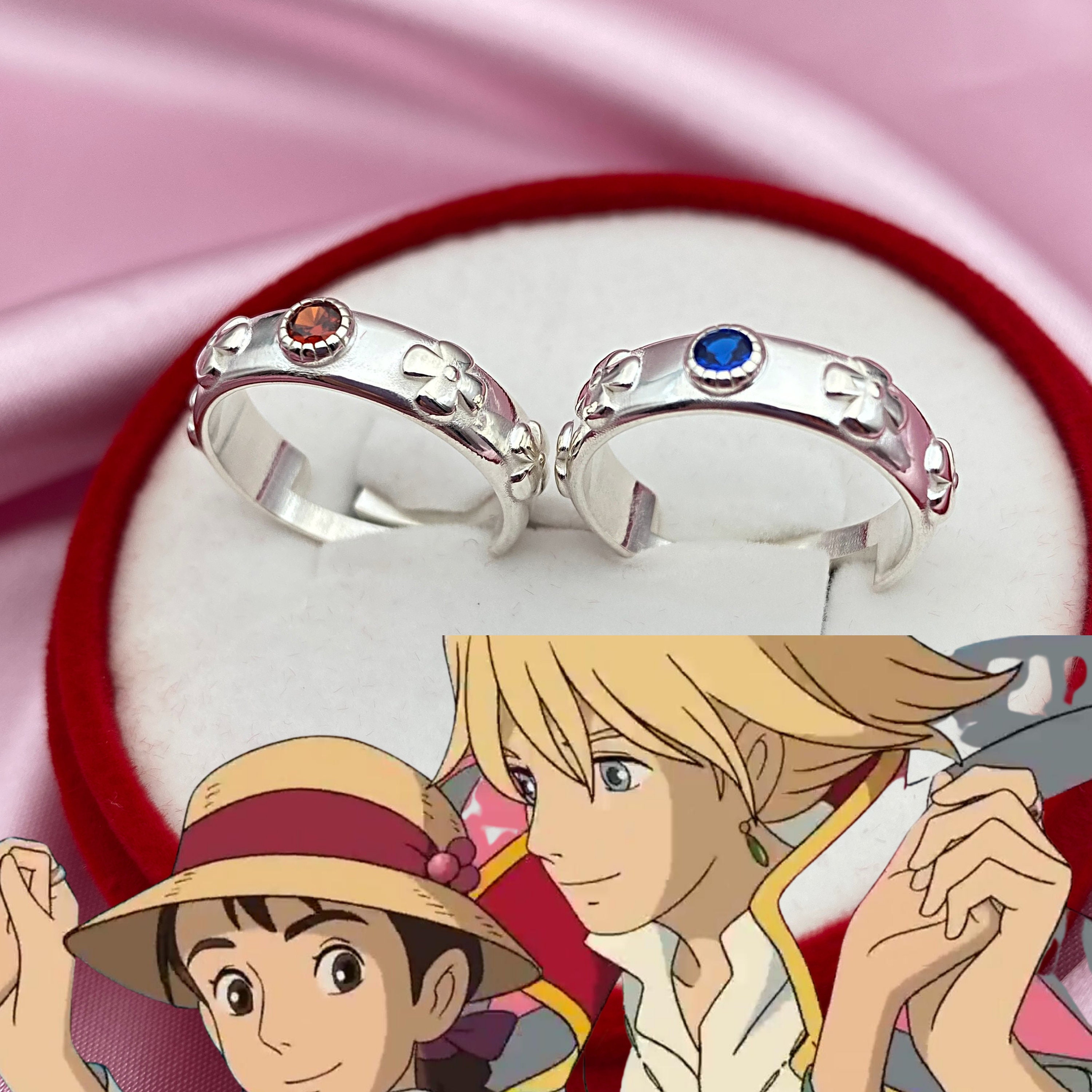 Howls Moving Castle Ring, Sterling Silver Garnet Wedding Ring, Flower Engagement Ring, Unique Promise Ring, Anime Jewelry