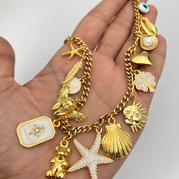 Vintage inspirierte personalisierte Gold Charm Halskette, vergoldete und rohe Messing Charm Halskette, kundenspezifische Charm Halskette, personalisierte Geschenke