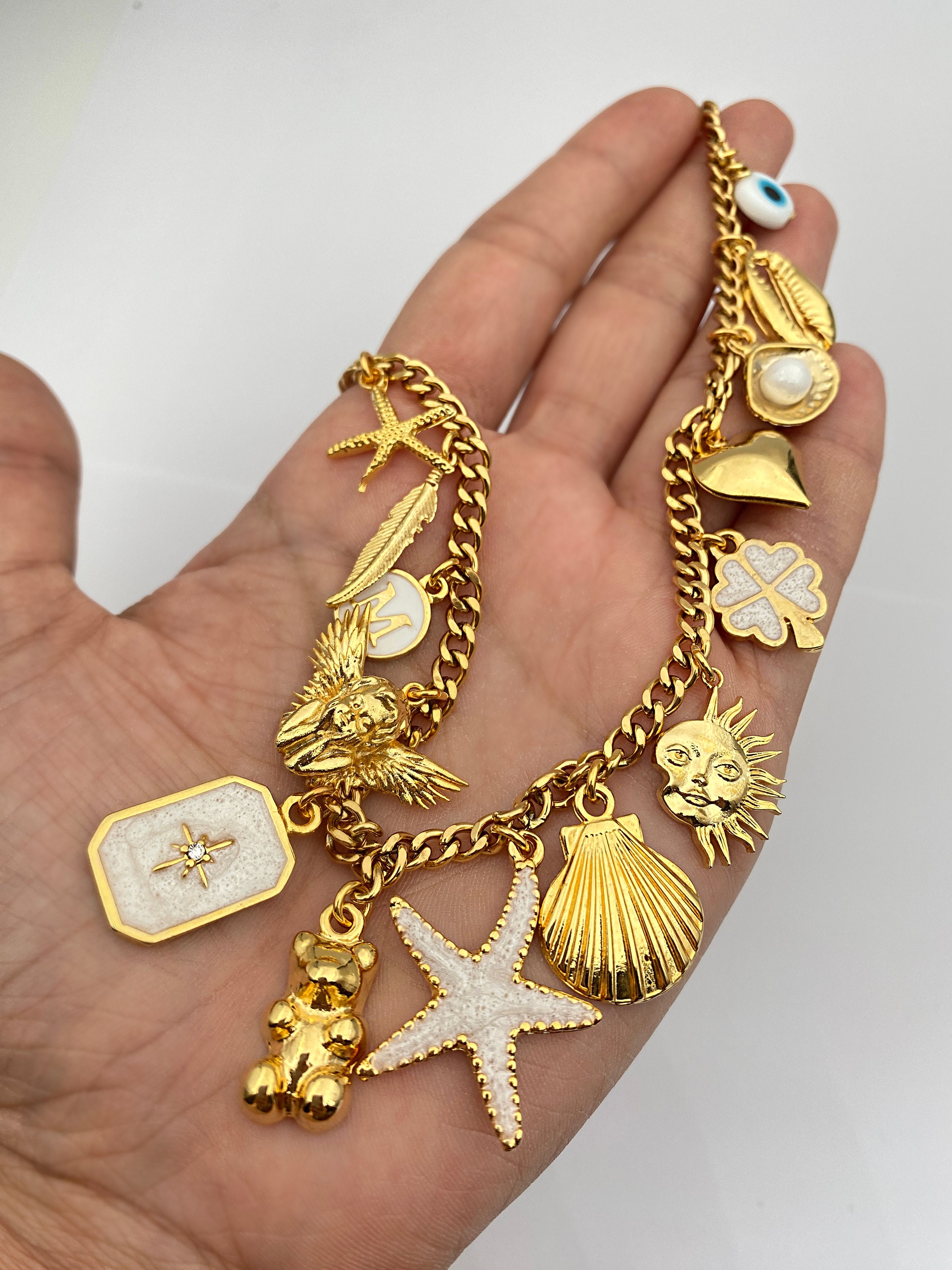 Gold Charm Necklace, Moon Sun Necklace, Multi Charms Bracelet, Half Moon Necklace, Chunky Gold Bracelet, Many Different Charm Necklace