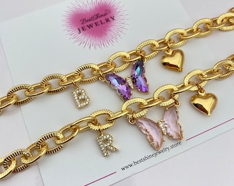 Crystal Butterfly Friendship Bracelet,Magical Pink and Purple Butterfly Bracelet,Gold Plated Chunky Chain Charm Bracelet,BFF Jewelry