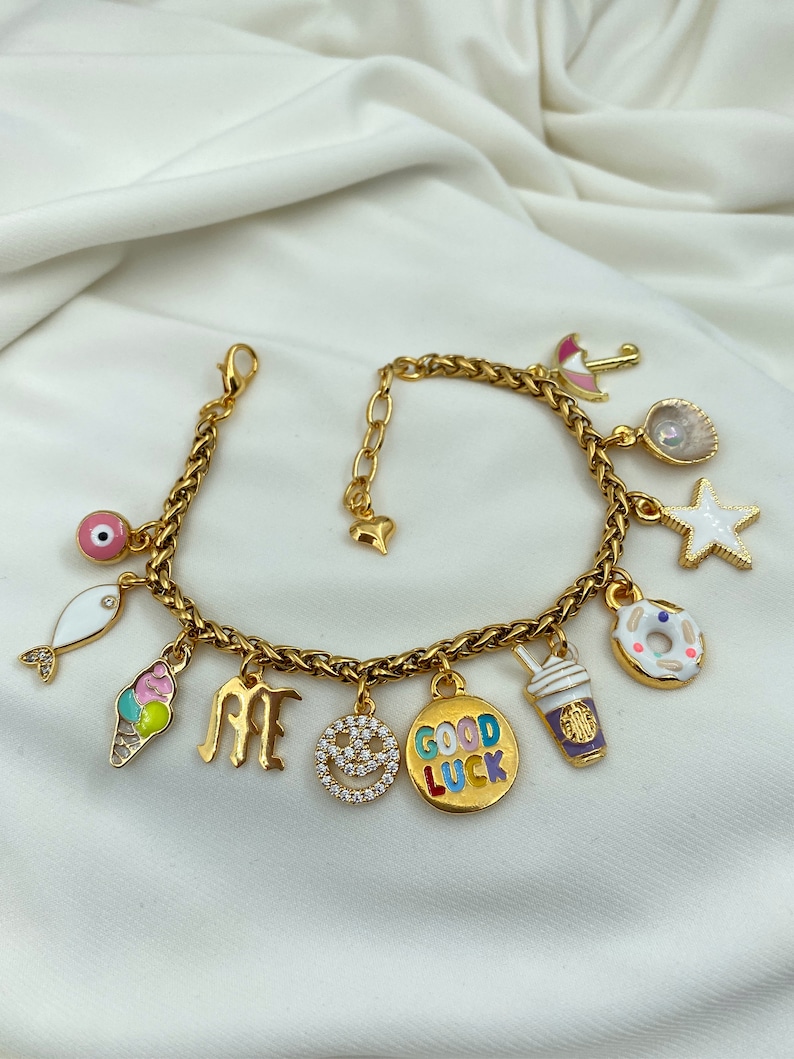 Charm Bracelet,Custom Initial Charm Bracelet,Gold Charm Bracelet for Women,Adjustable Bracelet,Charm Jewelry,Gift for Her,Christmas Gift image 6