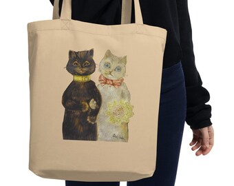 Louis Wain Cat Tote Bag | Reusable Grocery Bag | Bride & Groom | 100% Organic Cotton  | Wedding Engagement Gift for Cat Lovers | Vegan Retro