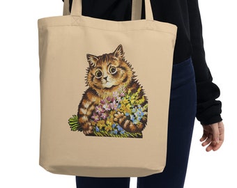 Cute Louis Wain Cat Tote Bag | Reusable Grocery Bag | Flower Bouquet | 100% Organic Cotton | Vegan Retro Gift for Cat Lovers Children |