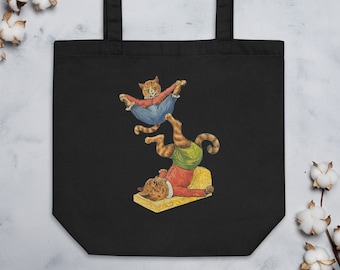Cute Louis Wain Cat Tote Bag | Reusable Grocery Bag | Acrobats | 100% Organic Cotton | Vegan Retro Gift for Cat Lovers Children |