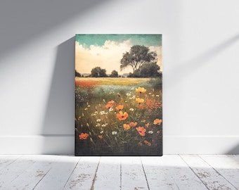 Estampado de flores silvestres / Campo de flores silvestres / Pintura de campo de flores vintage / Flores rústicas / Arte de pared / Prado de verano / Impresión digital