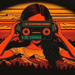Boombox girl, digital art print, digital prints, retro girl, retro boombox