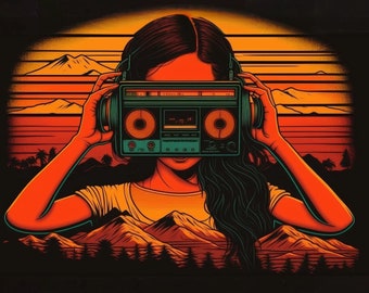 Chica Boombox, impresión de arte digital, impresiones digitales, chica retro, boombox retro