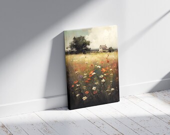 Estampado de flores silvestres / Campo de flores silvestres / Pintura de campo de flores vintage / Granero en un campo / Arte de pared / Prado de verano / Impresión digital