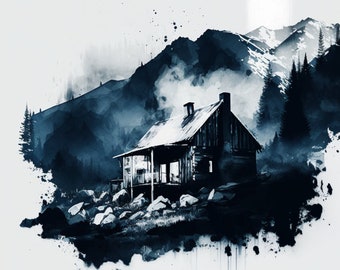 Cabaña de montaña azul, arte digital, acuarela, impresión de naturaleza, impresión de paisaje, decoración de pared del hogar, arte forestal, impresión de montaña
