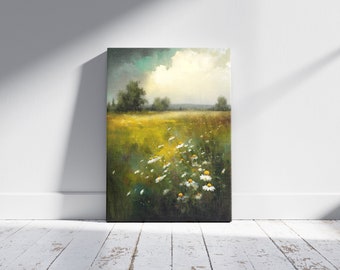 Estampado de flores silvestres / Campo de flores silvestres / Pintura de campo de flores vintage / Flores de margarita / Arte de pared / Prado de verano / Impresión digital