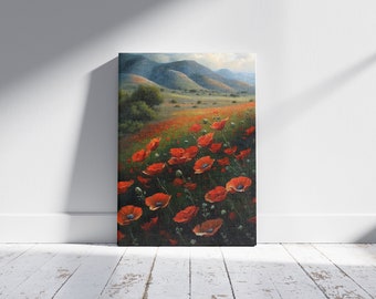 Impresión de flores silvestres brillantes / Campo de amapolas / Pintura de campo de flores vintage / Arte de pared / Prado de verano / Impresión digital