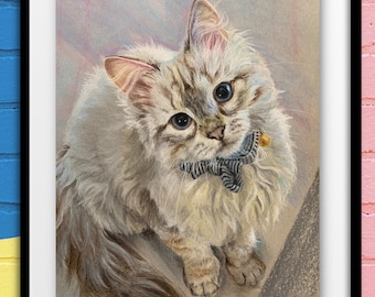 May include: A watercolor painting of a white and gray cat with blue eyes wearing a blue and white striped bow tie. The cat is sitting on a light brown background.