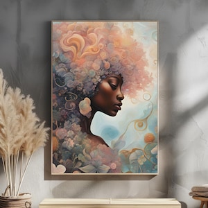 Black Woman Art Print | Ethereal Afro-Futuristic Floral Wall Decor | Feminine Black Girl Magic Poster