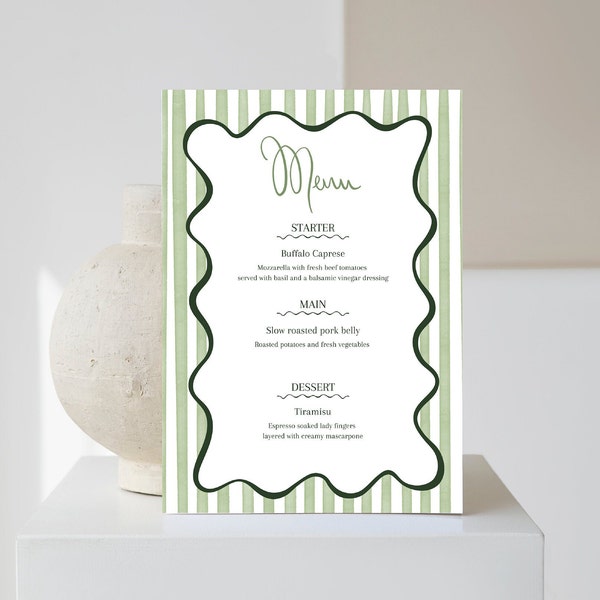 Colorful wedding menu | Green striped wedding menu